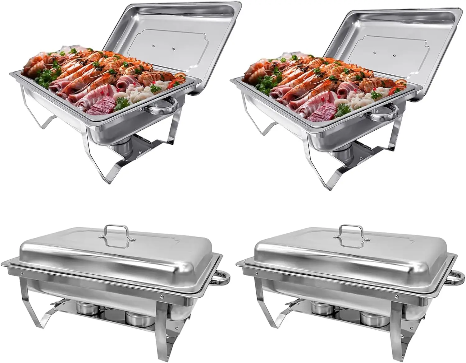 

4PCS 8 Qt Stainless Steel Chafing Dishes Buffet Set, Silver Rectangular Catering Chafer Warmer Set Trays Pan Lid Folding Frame