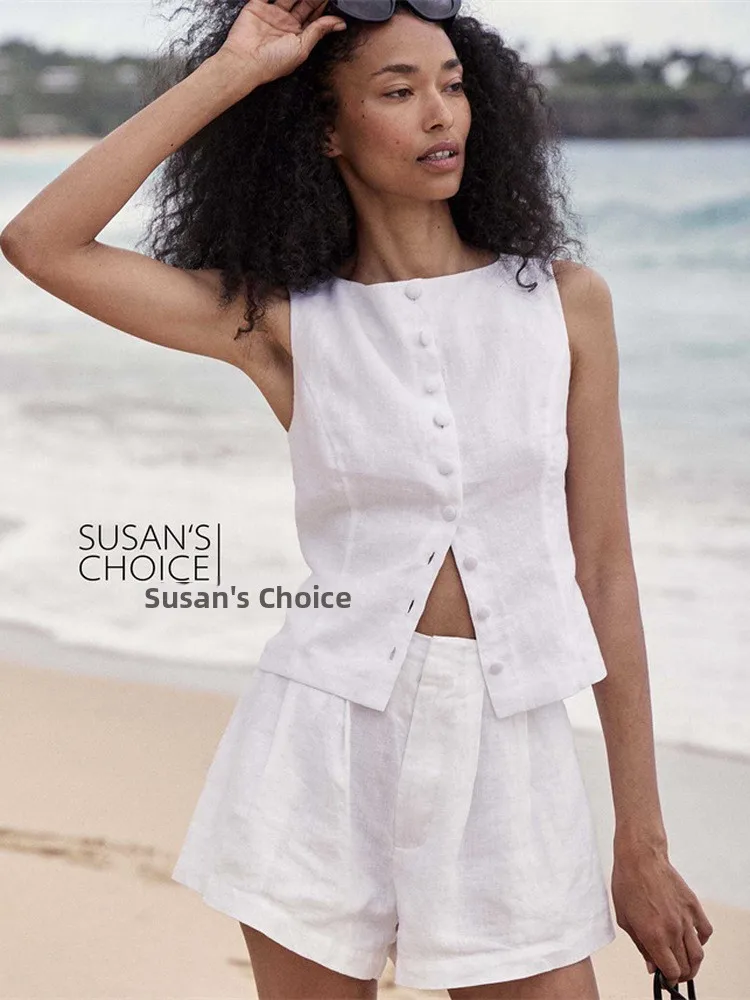Susan High Waist Linen orts Women's Casual Straight Leg Pants Summer 2025 Commute Sle Simple Ele Slimming White