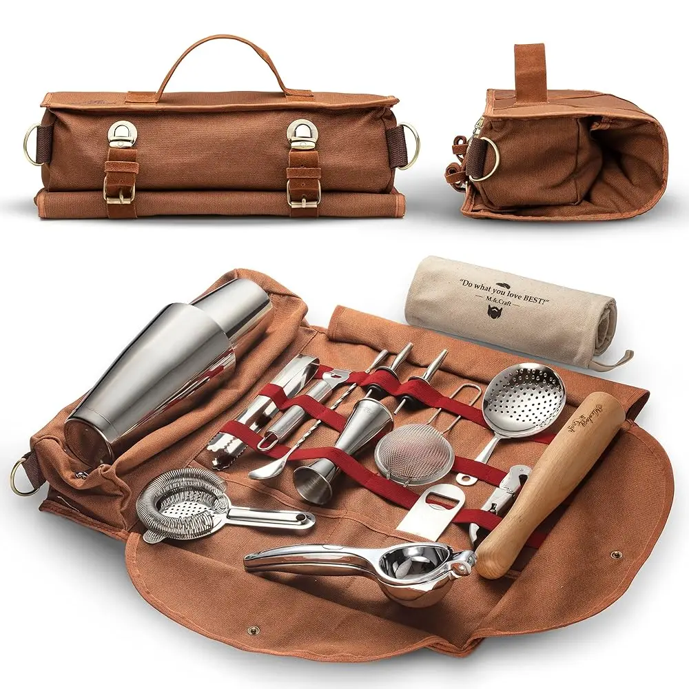 

Travel Bartender Kit Bag | Professional 17-Piece Silver Bar Tool Set With Portable Bar Bag And Shoulder Strap For Easy Carry