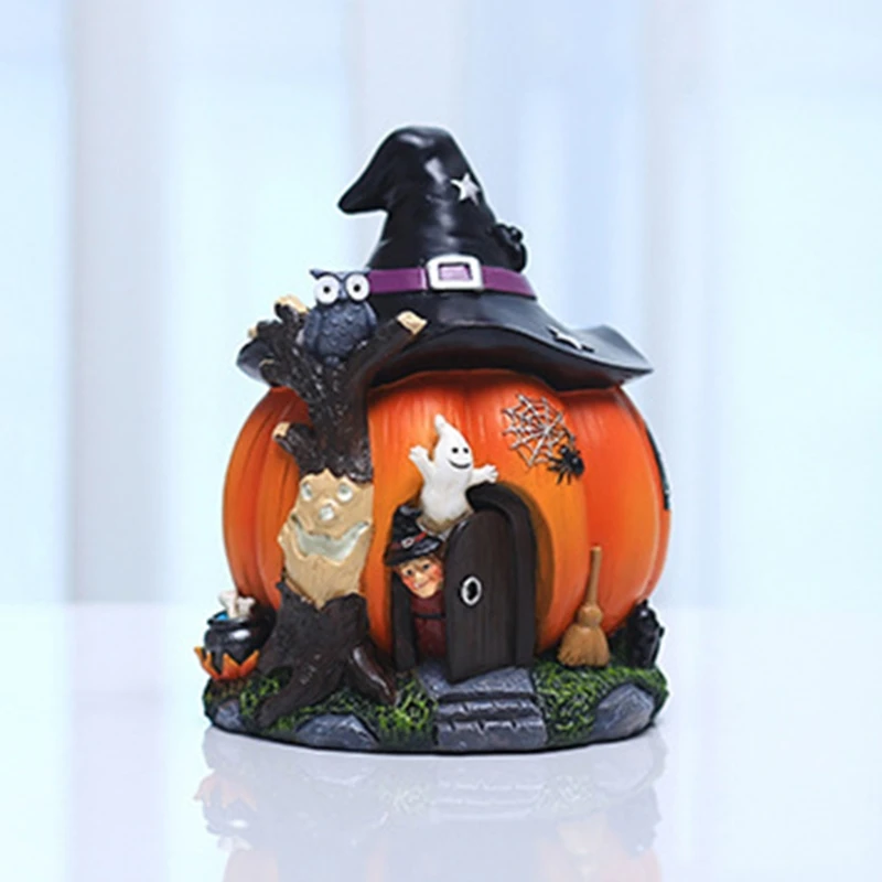 Halloween Witch Pumpkin House Figurine Ornament Resin Statue Mininature Fairy Garden Decoration