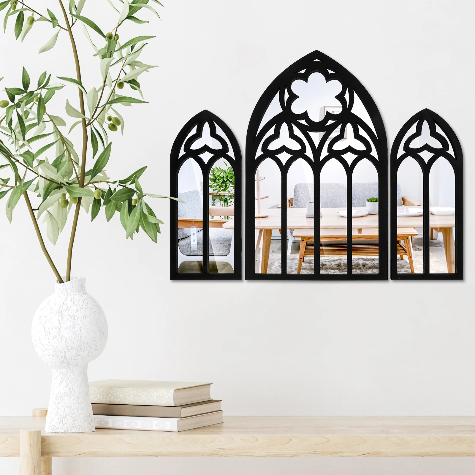 3Pcs Wall Arch Mirrors Set Gothic Wall Mirror Decor Cathedral Arched Mirror Decor Decorative Arched Wall Mirror for Living Room