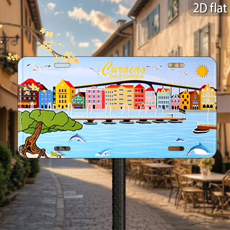 2D Flat,Retro Curacao Cityscape Metal Wall Art,Waterproof And Durable, Suitable for Decorating Cafes,Bars, And Bedrooms