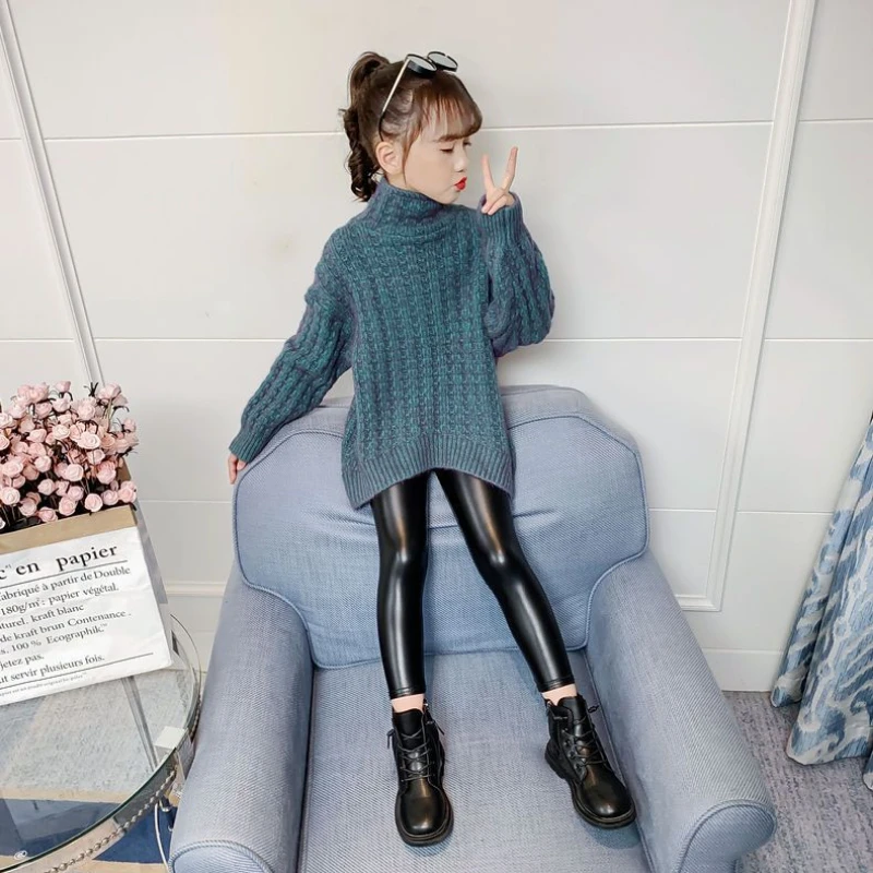 

Girls High Neck Sweater 2025 Autumn Winter New Children's Plush Thickened Pullover Korean Fashion Knitted Girls Sweater 7 9 Year