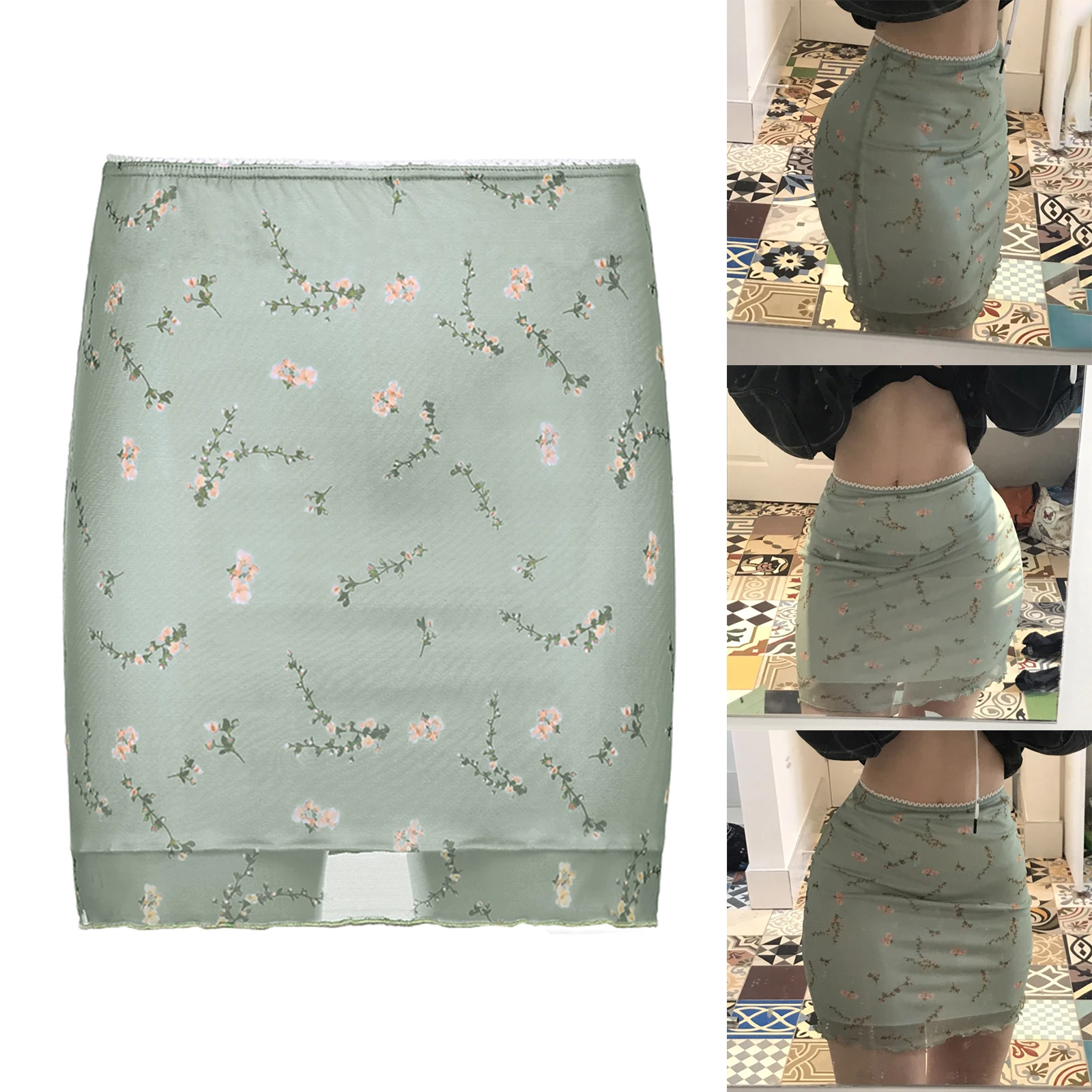 Mini jupe courte en maille à imprimé floral pour femmes et filles, taille haute, double couche, volants trapèze, jupes skinny, Streetwear Y2K, vert clair