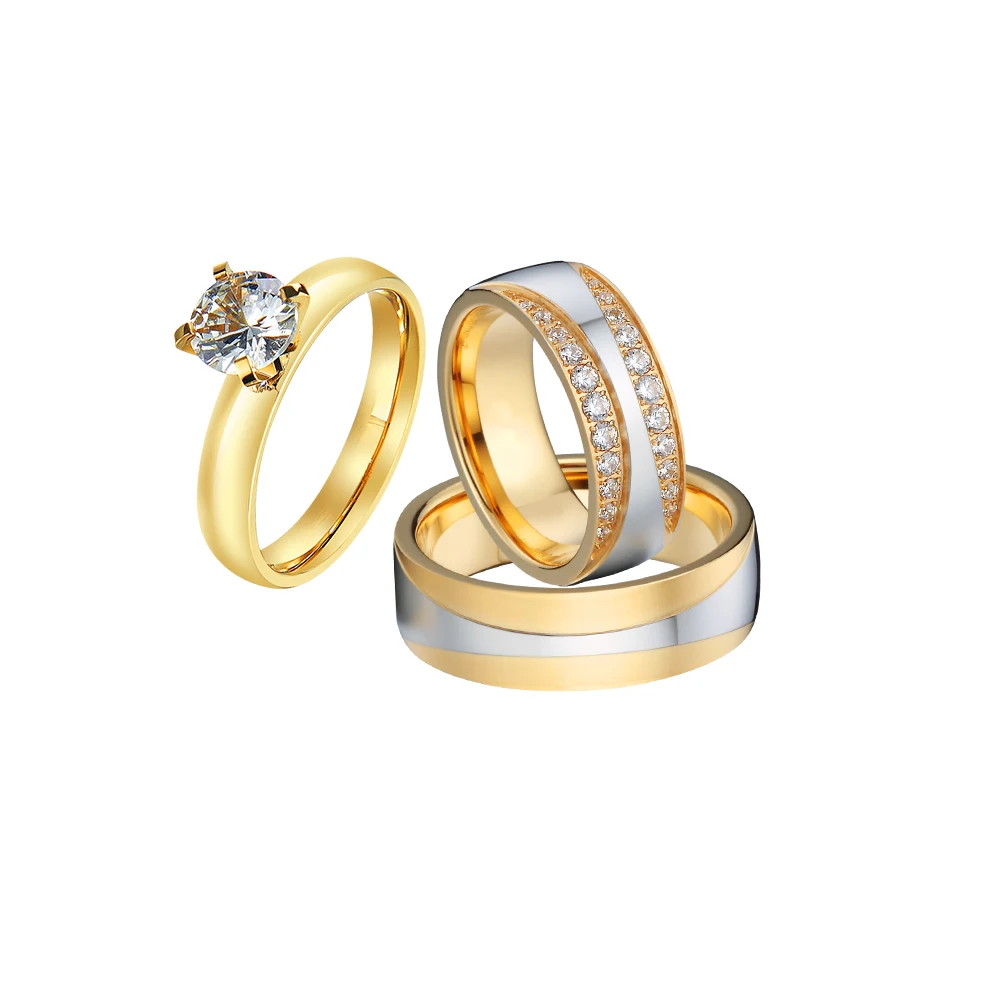 Türkischer Modeschmuck, 3-teilig, Hochzeit, Verlobungsringe, Sets für Paare, 18 Karat vergoldet, Modeschmuck, Ring mit CZ-Diamant