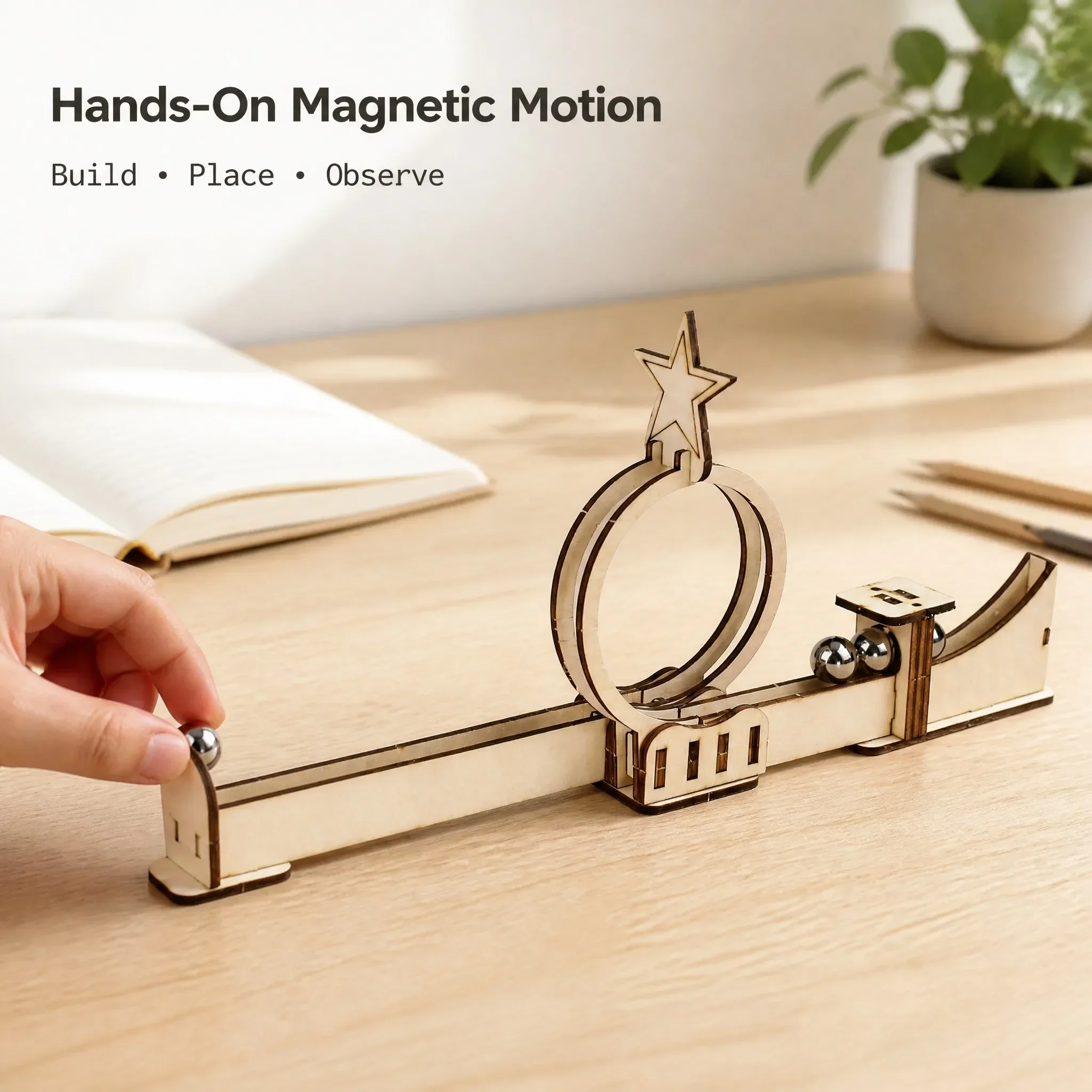 Wooden Magnetic Roller Coaster DIY Kit STEM Science Experiment Toy Track Assembly Set for Kids Students Classroom Learning Gift