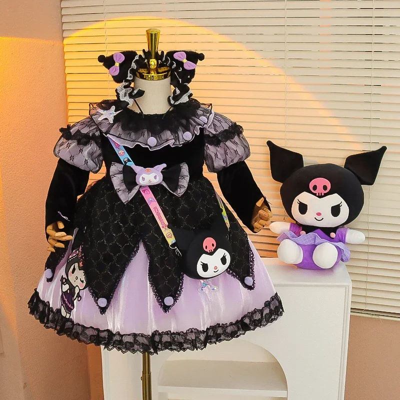 Kuromi Dress Kawaii Sanrio Anime Children Winter Little Devil Long Sleeve Lolita Princess Dress Student Cartoon Lace Tutu Skirt