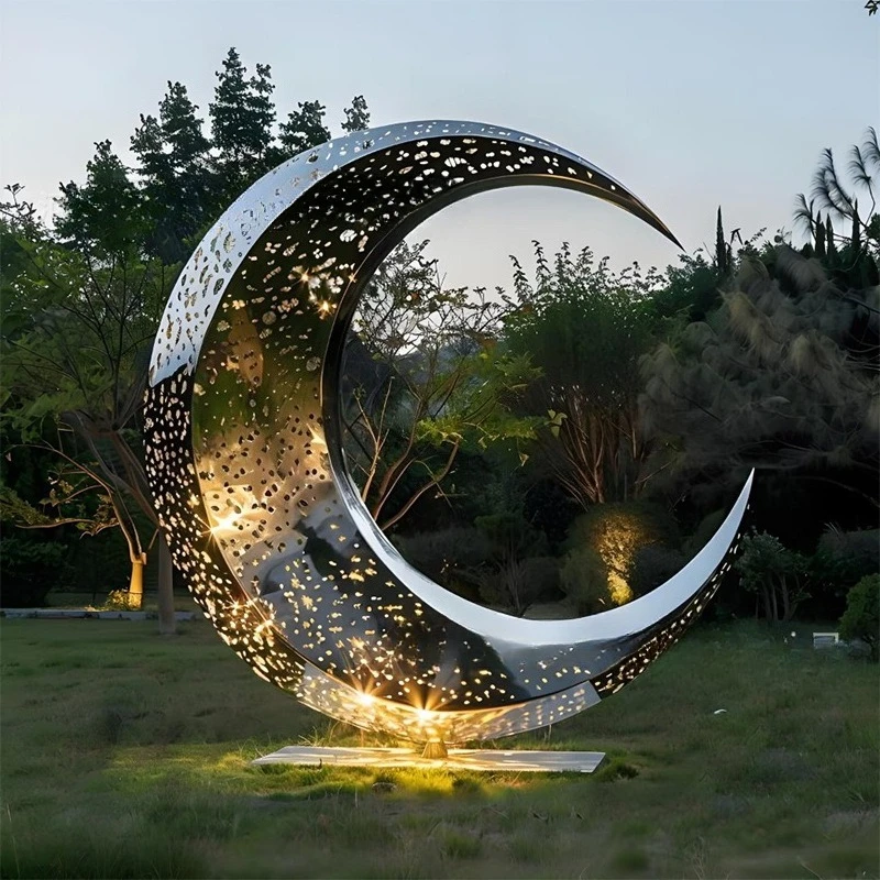 Large stainless steel sculpture, custom luminous moon, metal creative weaving hollow