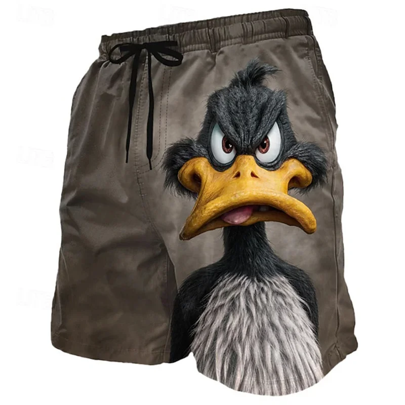Summer Men Cartoon Duck 3D Print Board Shorts Quick‑Dry Swim Trunks Elastic Drawstring Waist Side Pockets Novelty Beach Shorts