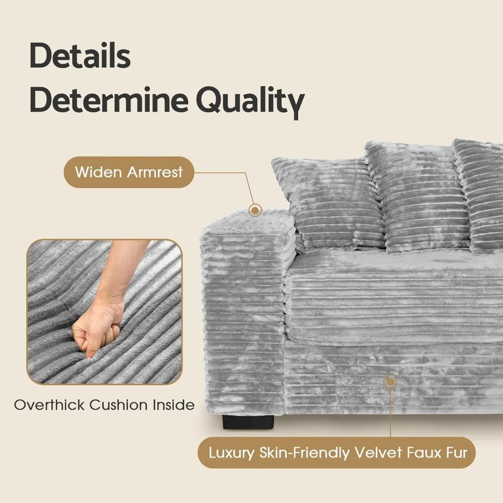 Luxe Oversized L Shaped Sofa with Chaise，Comfy Faux Fur Plush L Shaped Sectional Couches with 8 Pillows，Soft Fluffy Uph