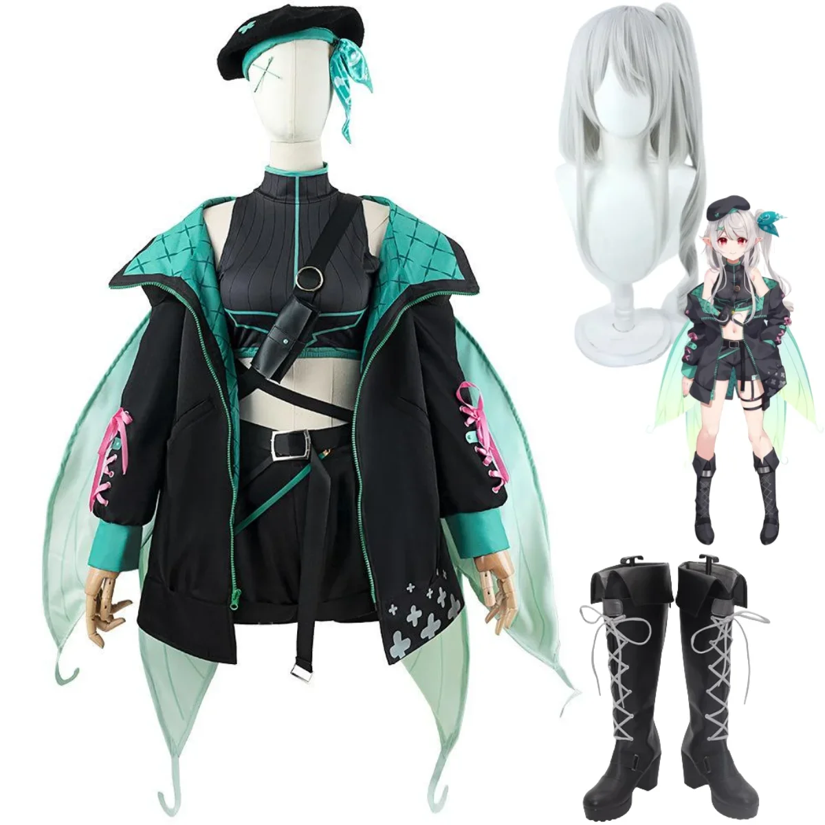 Anime Vtuber NIJISANJI EN Pomu Rainpuff Cosplay Costume Lazulight Member Hip Hop Uniform Wig Wing Boot Woman Sexy Party Suit