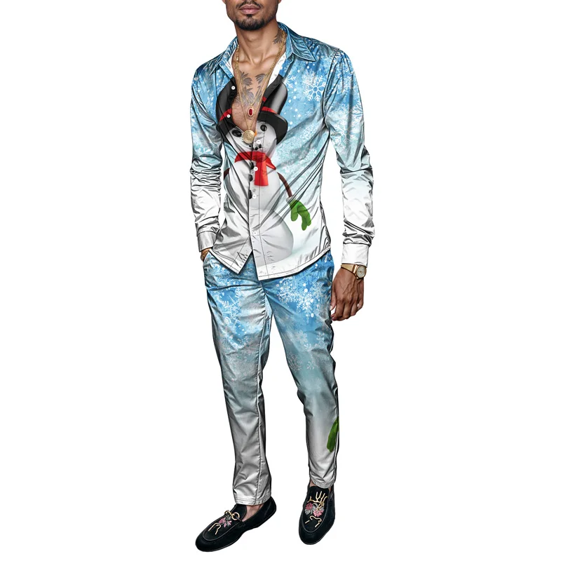 2025 أنيق الربيع الصيف الرجال قميص مجموعة عيد الميلاد طباعة موضة الزنجبيل رجل 2 قطعة مجموعة رجالي ثلج خفيفة الوزن الطرف