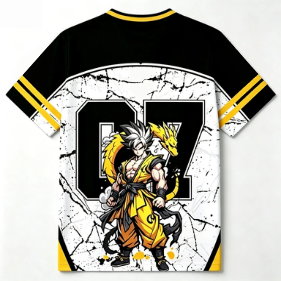 Dragon Ball Sun Wukong Printed V-neck Mesh Crack Background Gold Dragon Number 07 Pattern Sports and Leisure Loose Shirt