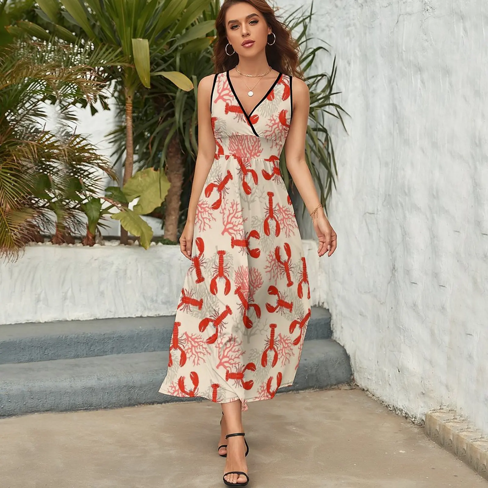 Red Lobsters Dress Women Coastal Coral Trendy Maxi Dress V Neck High Waist Streetwear Custom Boho Beach Long Dresses