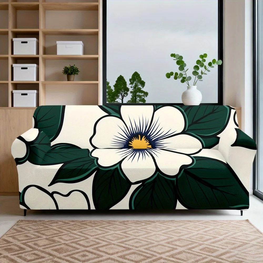 

1pc Large White Flower with Green Leaves Print Stretch Sofa Cover, Removable Washable Couch Slipcover for Boho Modern Home Decor