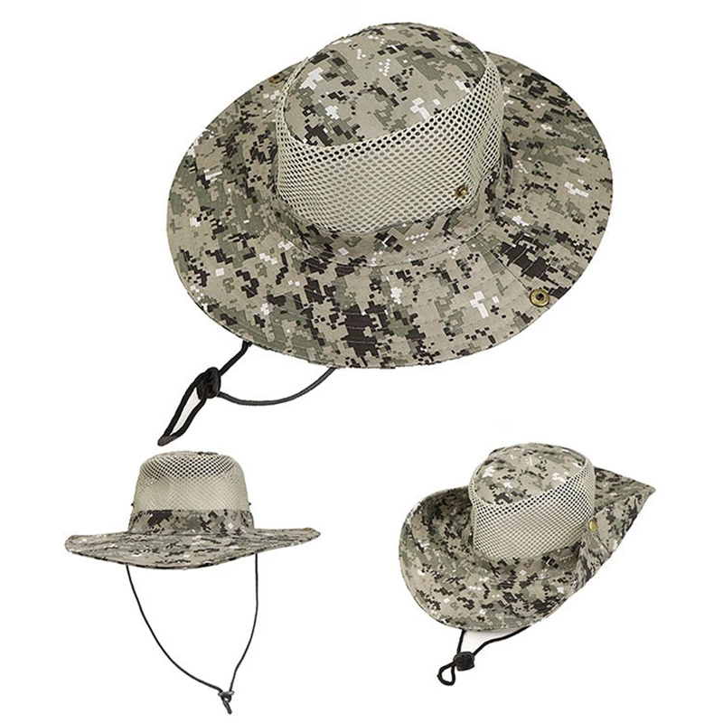 Camouflage Zonnehoed Brede Rand Boonie Hoed Mesh Ademende Camo Mannen Buitensport Zon Emmer Cap Vissen Wandelen Jacht Hoeden