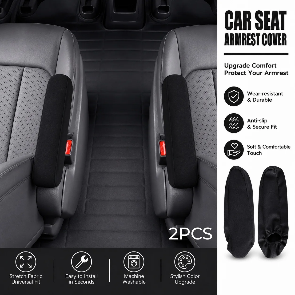2pcs Stretch Fabric Car Seat Armrest Covers, Wear-Resistant and Durable, Easy to Install and Clean, Suitable for All Seasons