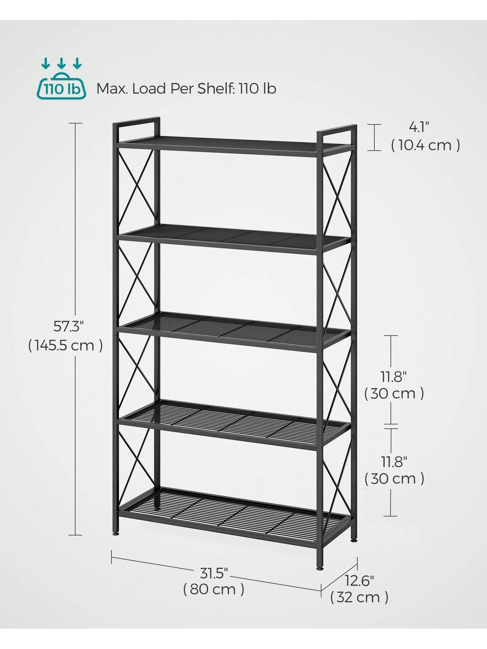 SONGMICS 5-Tier Metal Storage Rack, Shelving Unit With X Side Frames, Dense Mesh, 12.6 X 31.5 X 57.3 Inches, For Entryway, Ki