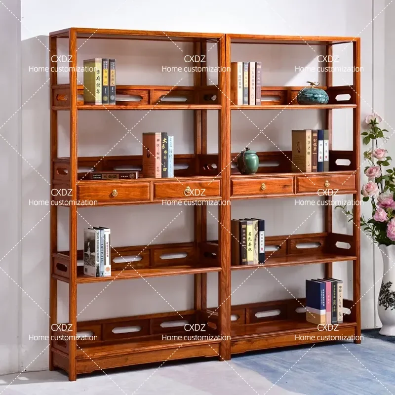 New Chinese Style Solid Wood Bookshelf Floor Standing Multi Layer Display Shelf Antique Rosewood Storage Cabinet for Living