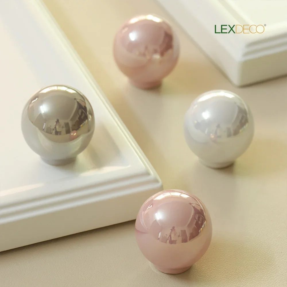 

2 pack Ceramic Ball Knobs - Gold-Toned Handles in 3 Colors (Pink/White/Grey)-LEXDECO