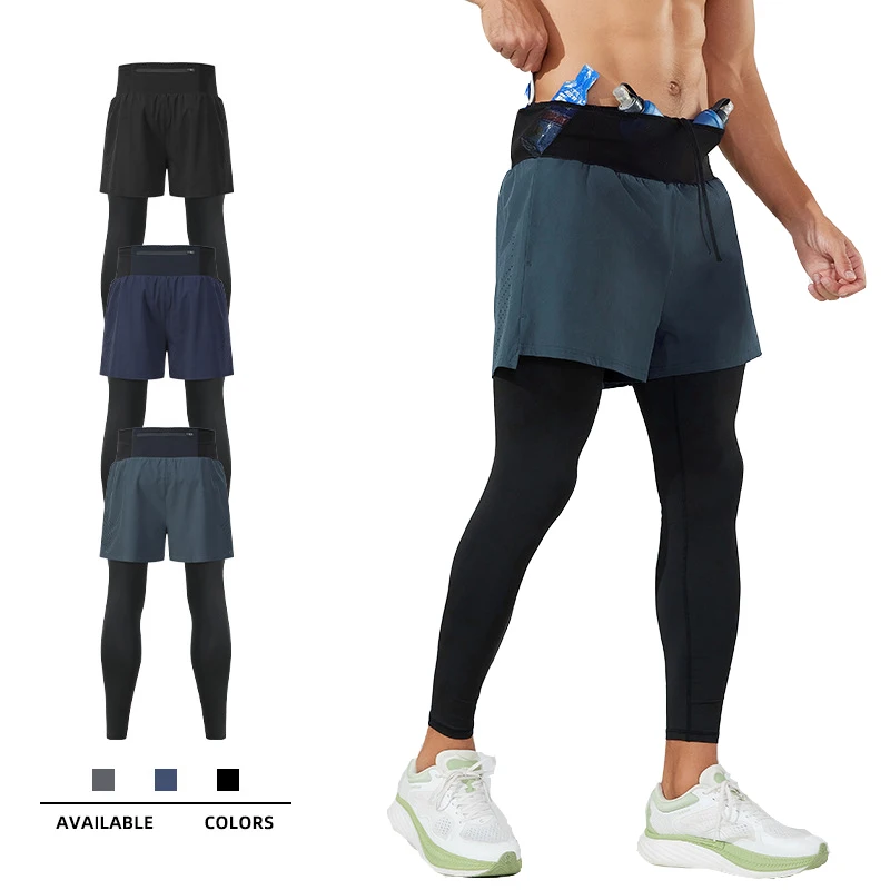 Men Quick Dry Running Sport Pants 2 in 1 Fitness Yoga Tights with Mesh Pouch Zipper Pocket