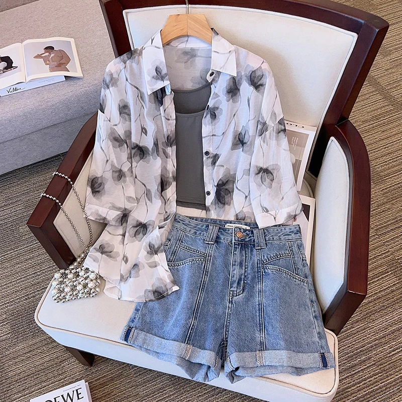 Plus Size Women Y2K Tracksuit Floral Print Shirt Tanks Crop Top And Denim Short Pant Three Piece Set Female Outfit Summer Cloth