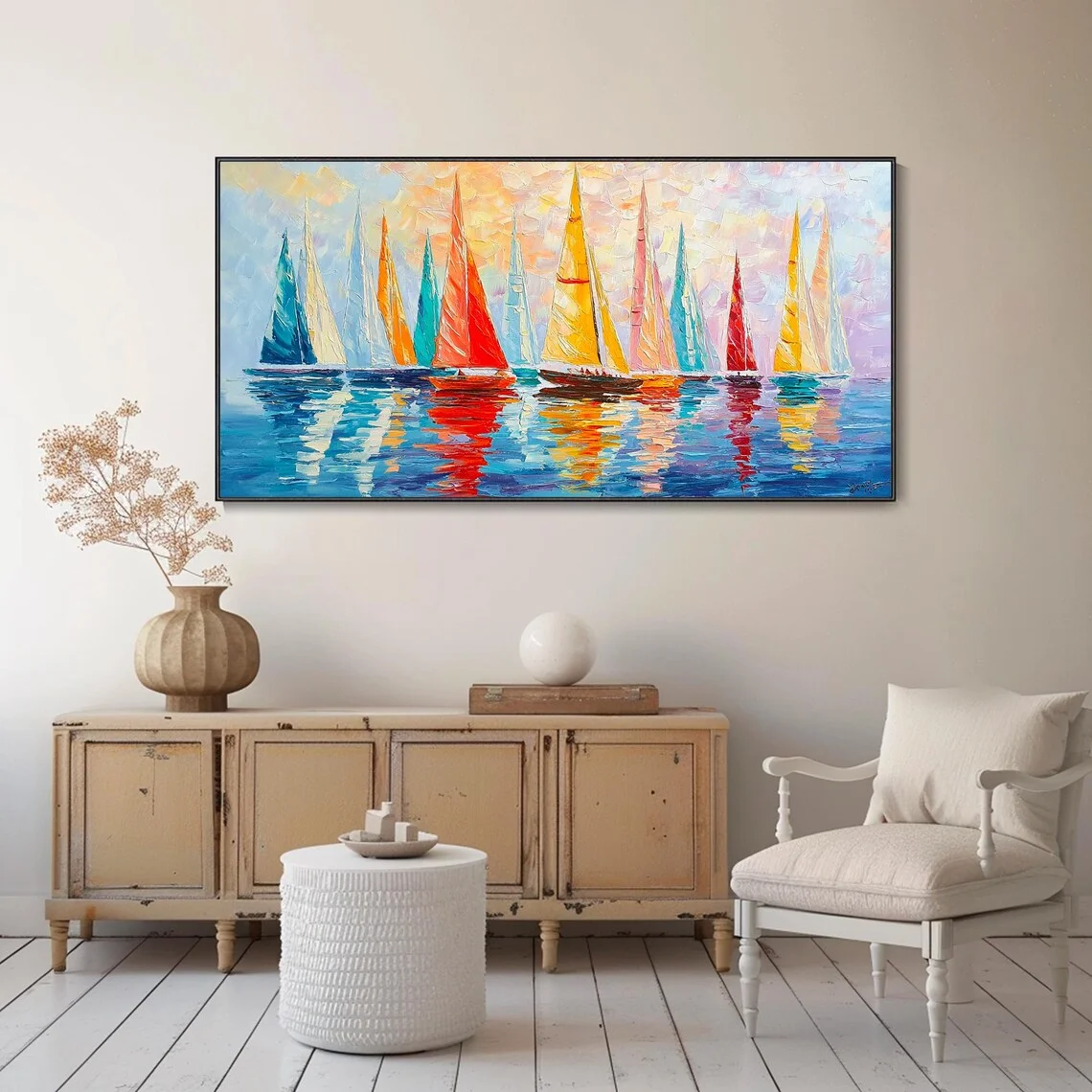 Large Frameless Canvas Wall Art,Boho Hand Texture Wall Art Large Colorful Sailboat Vacation Party Art 3D Abstract Seascape Canva