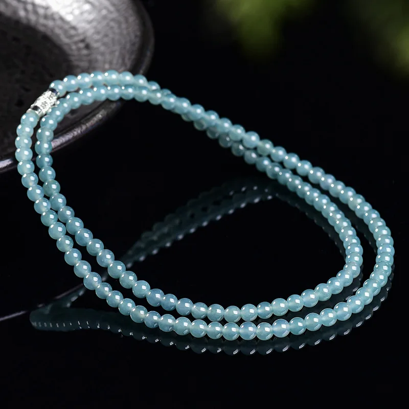 Natural A-grade Jadeite Blue Water 4.5mm Xiaomi Bead Necklace Ice Seed Jade Three-Circle Bracelet Sweater Chain Women's Jewelry