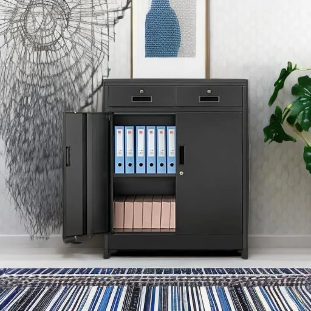 خزانة تخزين معدنية، خزانة تخزين بقفل 36 بوصة مع درجين ورف قابل للتعديل، خزائن معدنية للمكتب #5