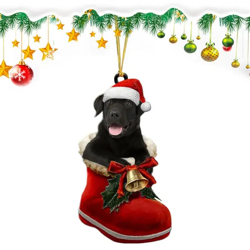 Cute Dog Christmas Tree Pendants 2D Acrylic Christmas Ornaments Hanging Decorations for Car Door Window Xmas Gifts