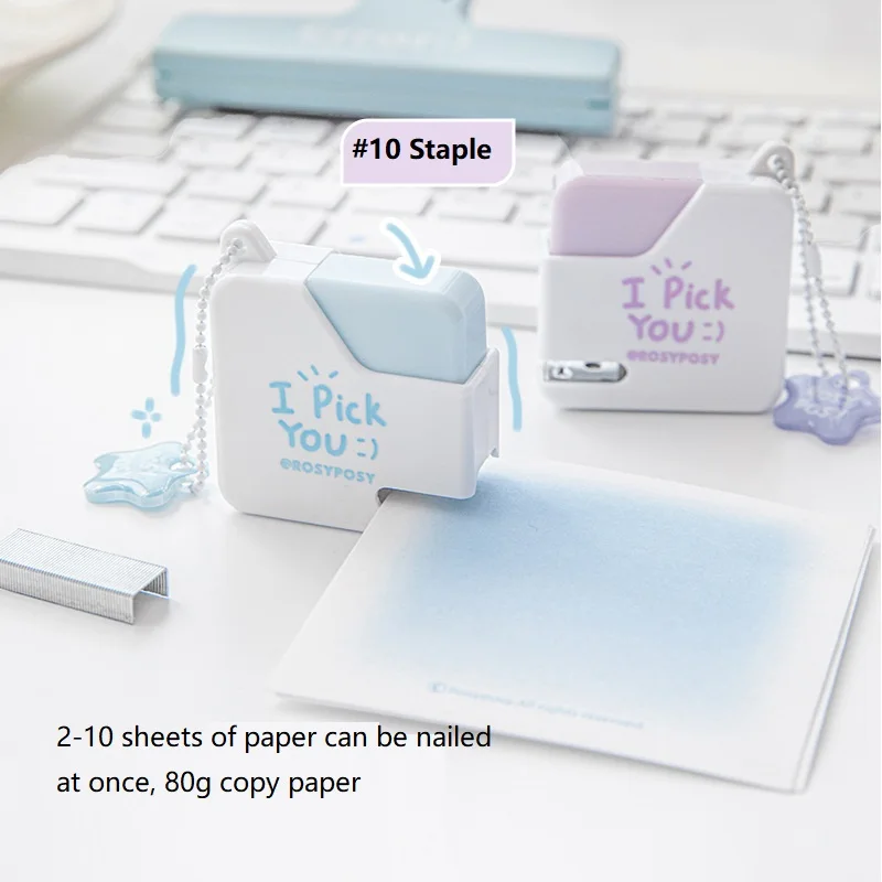 RosyPosy Mini grapadora portátil, 40 agujas No.10 integradas, papelería de cubitos de azúcar pequeños, viajes, hogar, estudiantes, accesorios de uso en oficinas