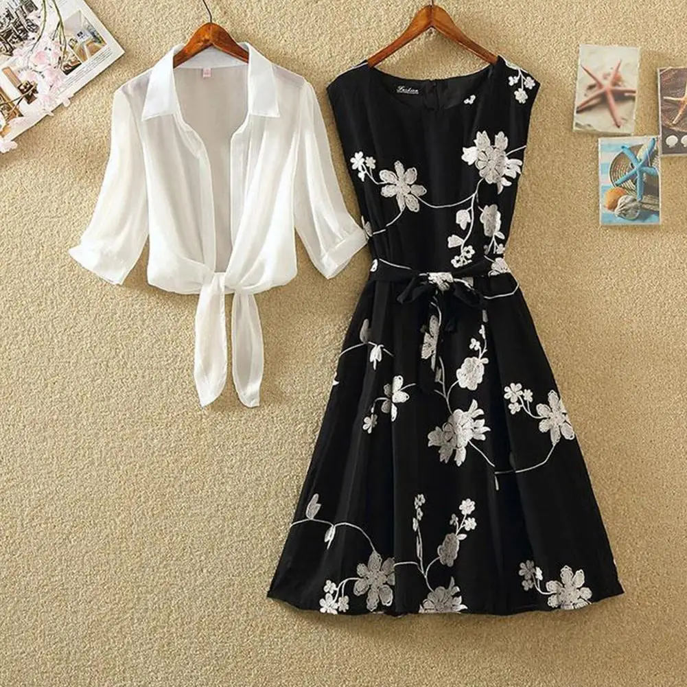 Women Dress Suit Lady Cardigan Dress Set Flower Print with A-line Dress See-through Cardigan Coat for Women