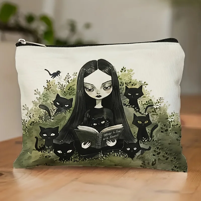 A Gothic-style books and black cat makeup bag- multifunctional zipper pouch, jewelry storage bag, perfect travel zipper small st