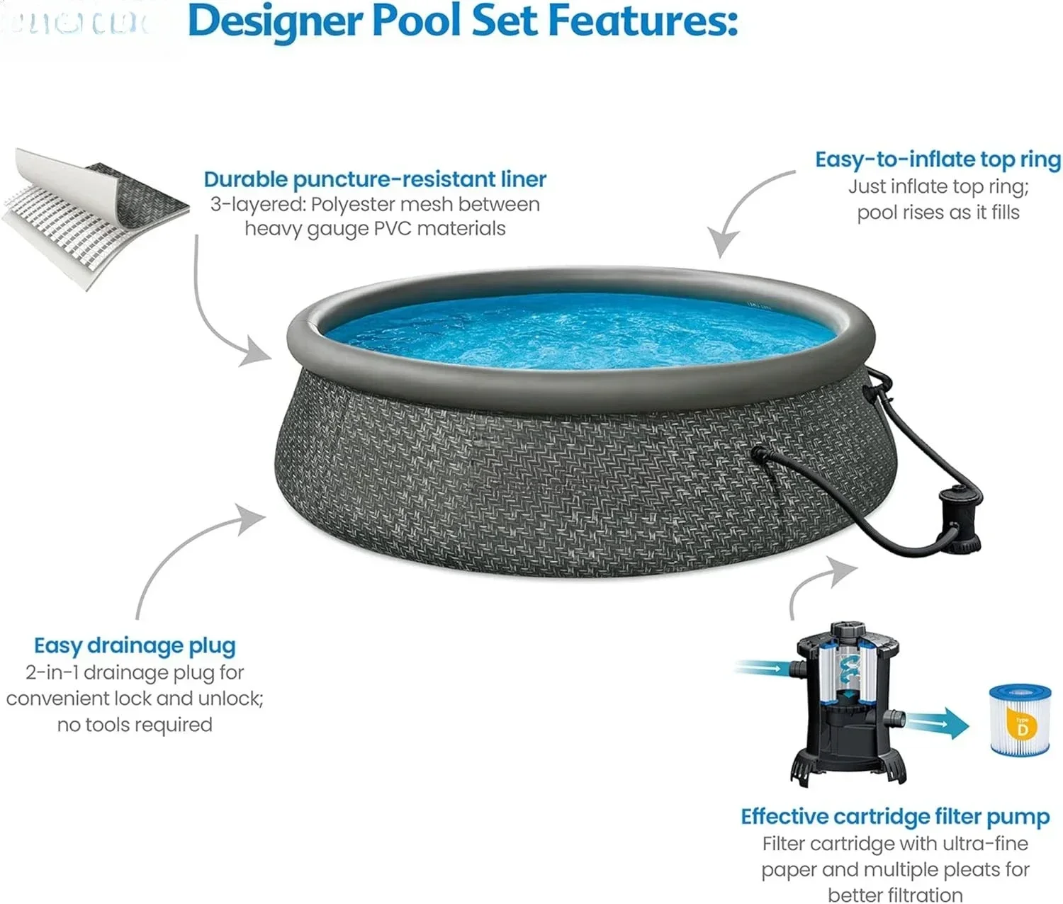 12ft x 36in Round Inflatable Above Ground Swimming Pool with Filter Pump – Easy Setup with Top Ring Design