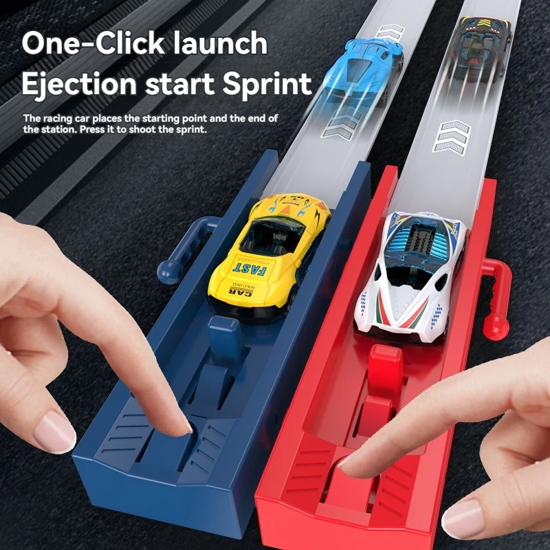 Catapulte Railcar double Mode piste de course bricolage assemblé Kits de Rail avec Mini voitures en alliage Parent-enfant interactif enfants jouets cadeau