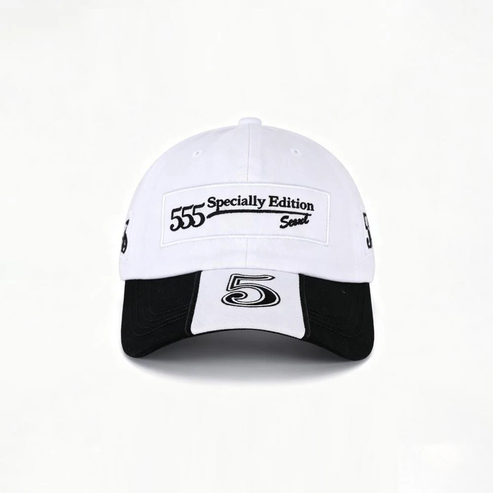 555 numbered label color-block baseball cap with retro motorcycle style, suitable for track events and photo taking.