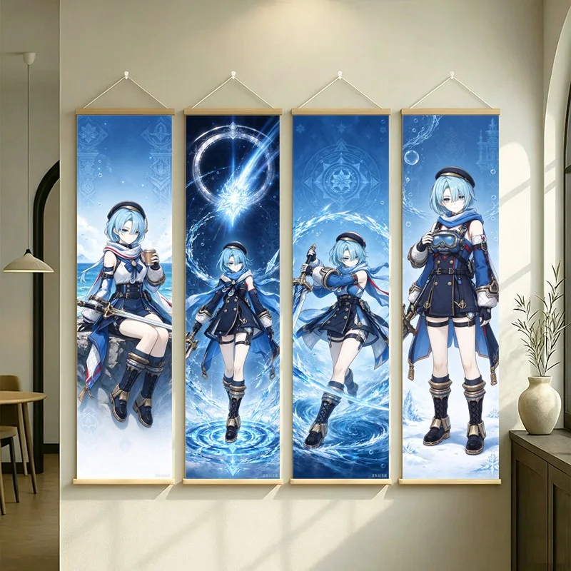 Hanging Scroll Wall Art of Genshin Impact Freminet with Blue Water Motifs on Silver Shimmer Canvas for an Anime Bedroom