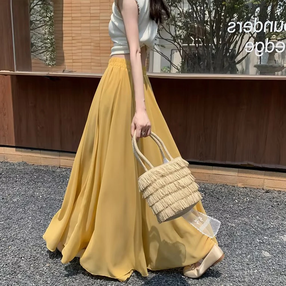 Women Chiffon Candy Color Long Skirt Female Nice Designs Low Waist Elascity A-Line Casual Party Maxi Skirt Girl Dance Clothes