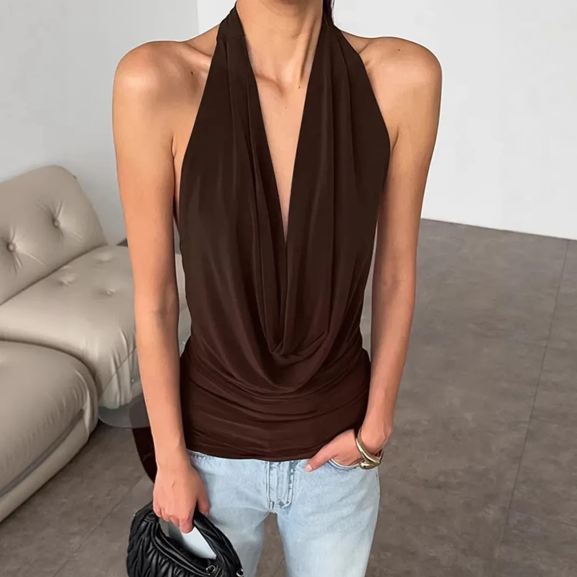New Women's Halter Cowl Neck Sleeveless Thin Camisole Top Slim Fit Soft Silky Versatile Trendy Casual Commute Daily Wear Blouse