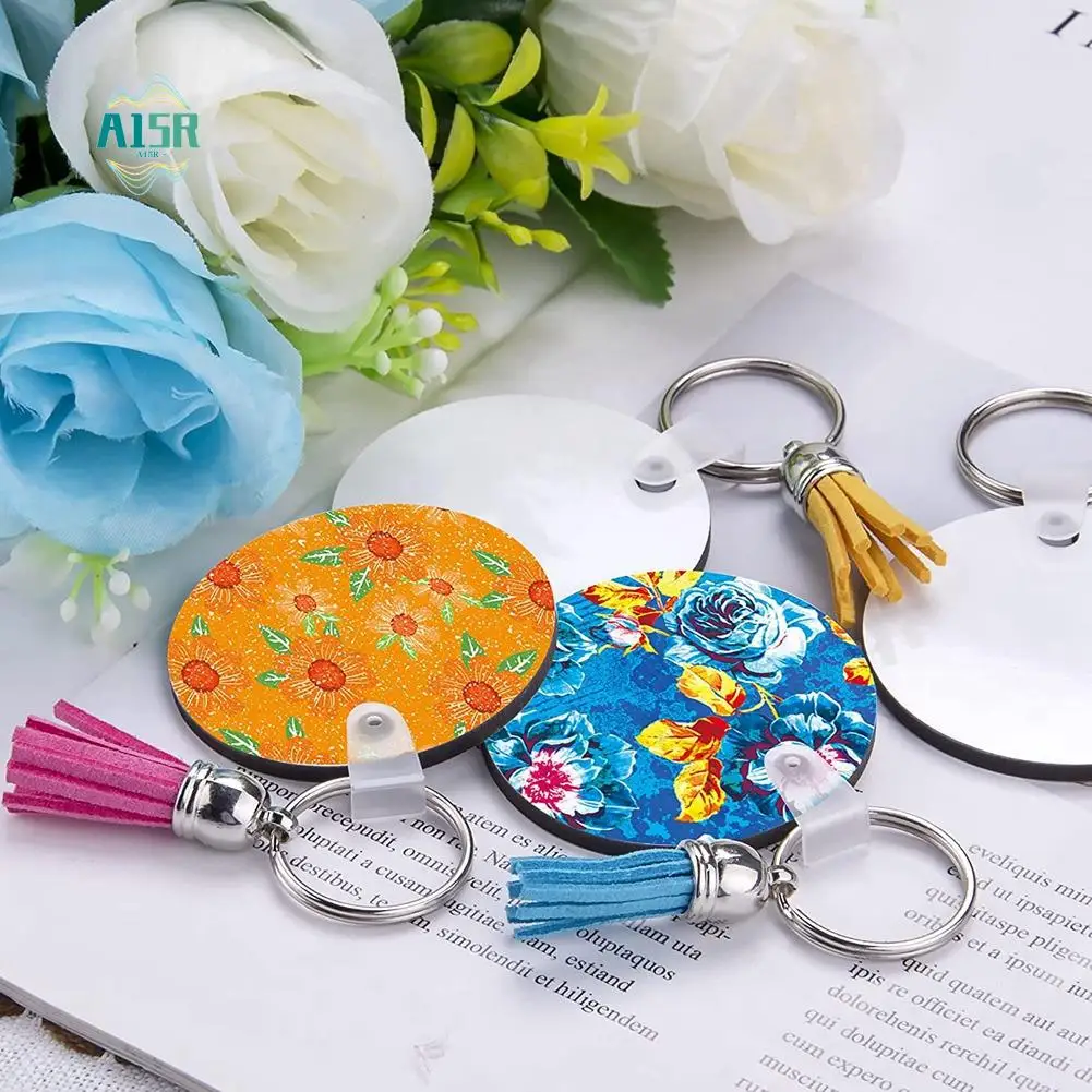 

A15R -128Pcs Sublimation Keychain Blanks Set Key Rings Sublimation Blanks Heat Transfer Keychain Tassels MDF Blank