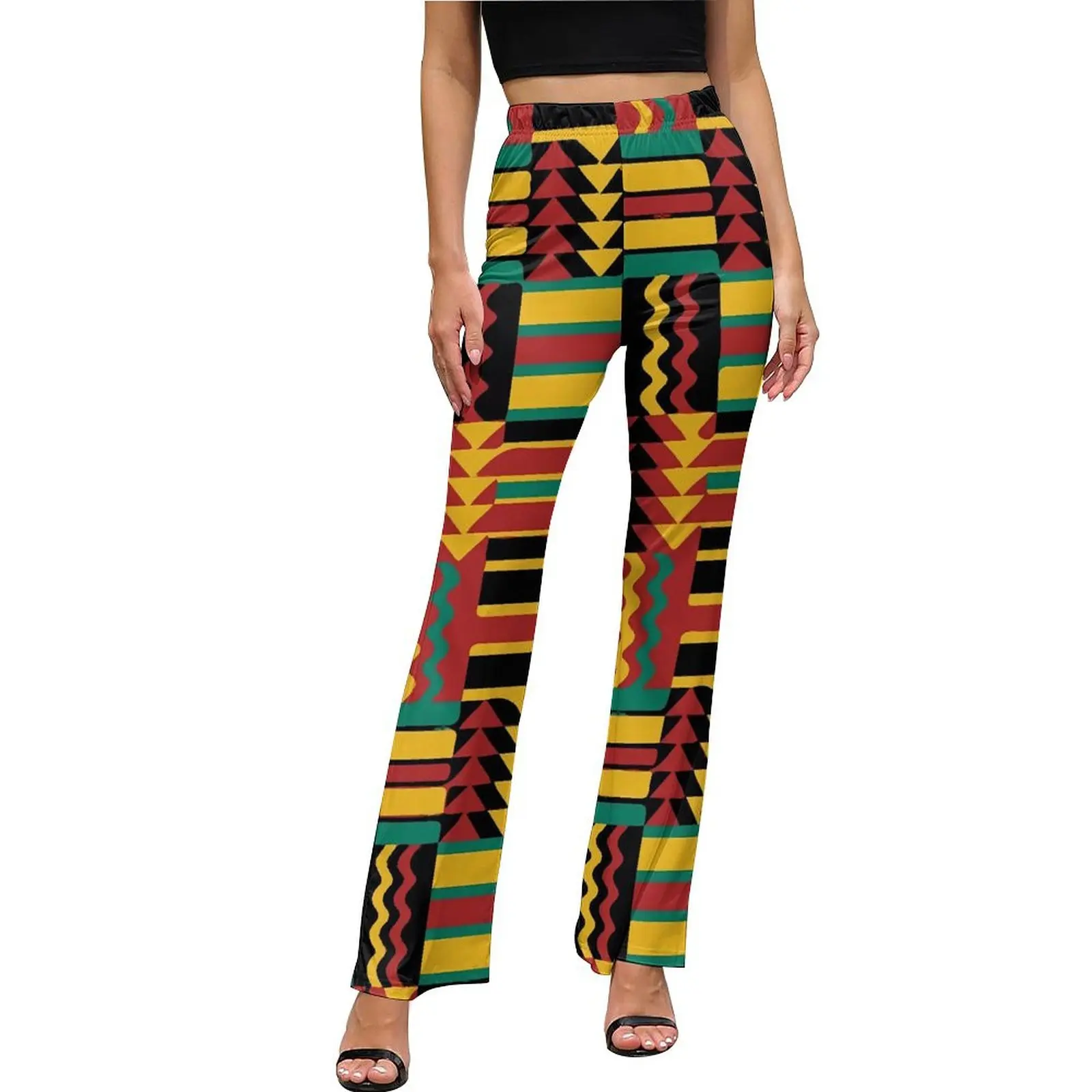 Kente Vintage Geometric Pants Elastic Waist Retro Rasta Colors Aesthetic Flared Pants Autumn Casual Custom Oversized Trousers