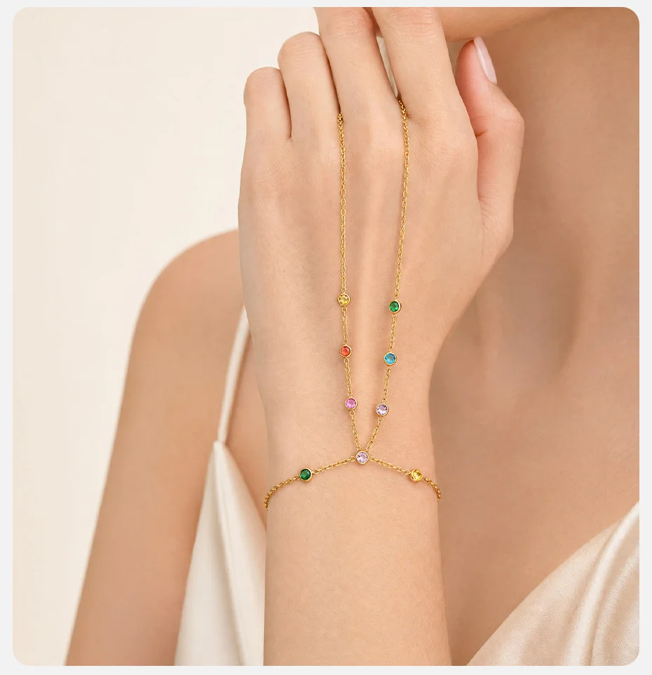 Vnox Luxuriöser Tropfenförmiger Bunter Zirkonia Fingerring Kettenarmband für Frauen Trendiges Vergoldetes Stapelbares Alltagsarmband Schmuck – Detail 3