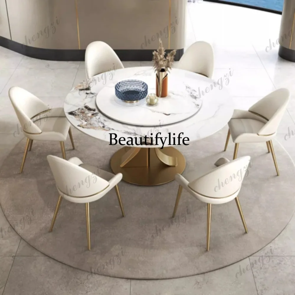 

Luxury Round Dinning Marble Rock Slab Dining Table Set Mesa Posta Furniture Meuble Stainless Steel Gold Base Designer