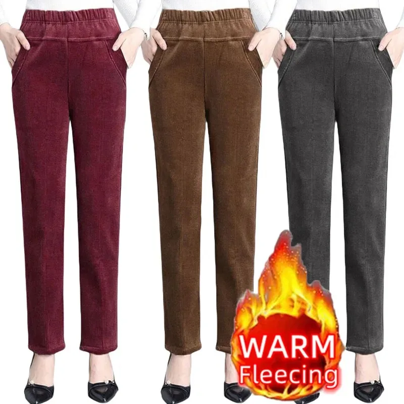 Thin & Plush Thick Casual Pants Fleece Pencil Pants Women's Corduroy Warm High Waist Pants Autumn Winter Leggings Pants Trousers