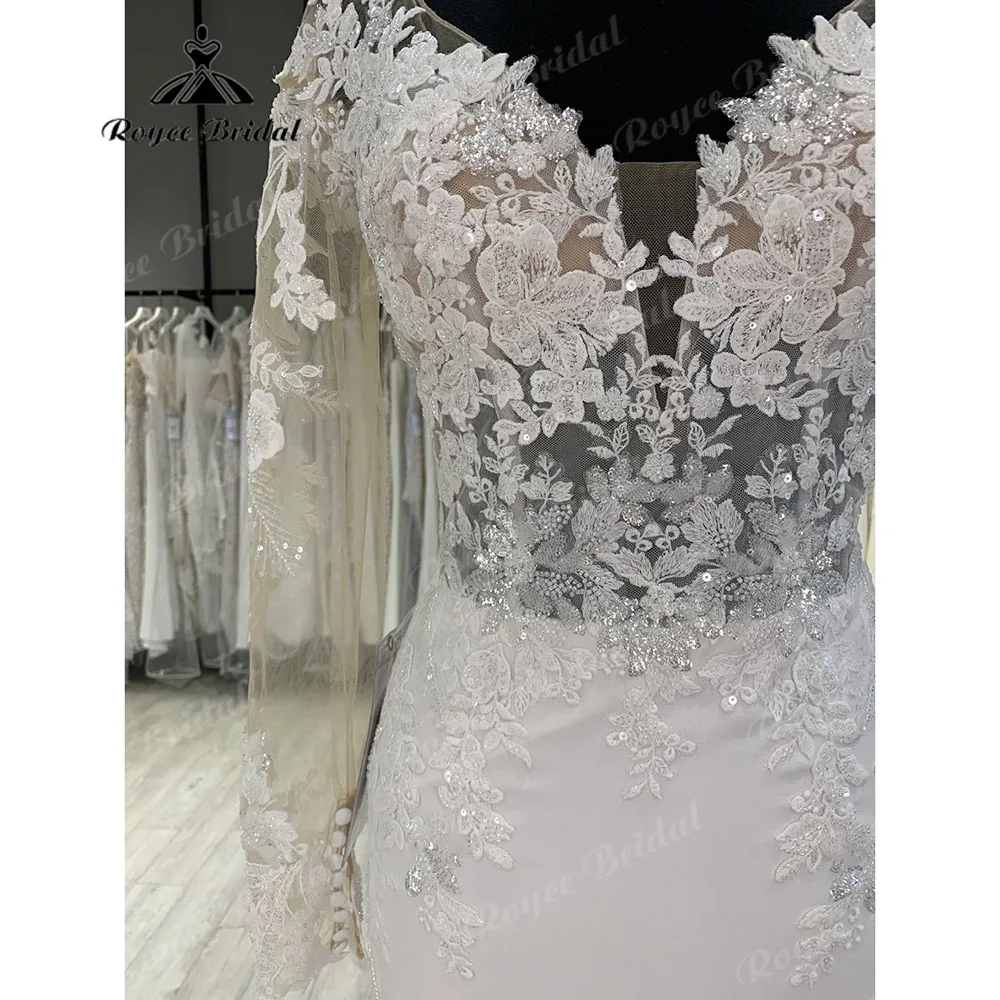 Robe de mariée sirène à manches longues avec appliques en dentelle pour femmes, col en V, corsage non doublé, robe de luxe pour patients, 2024