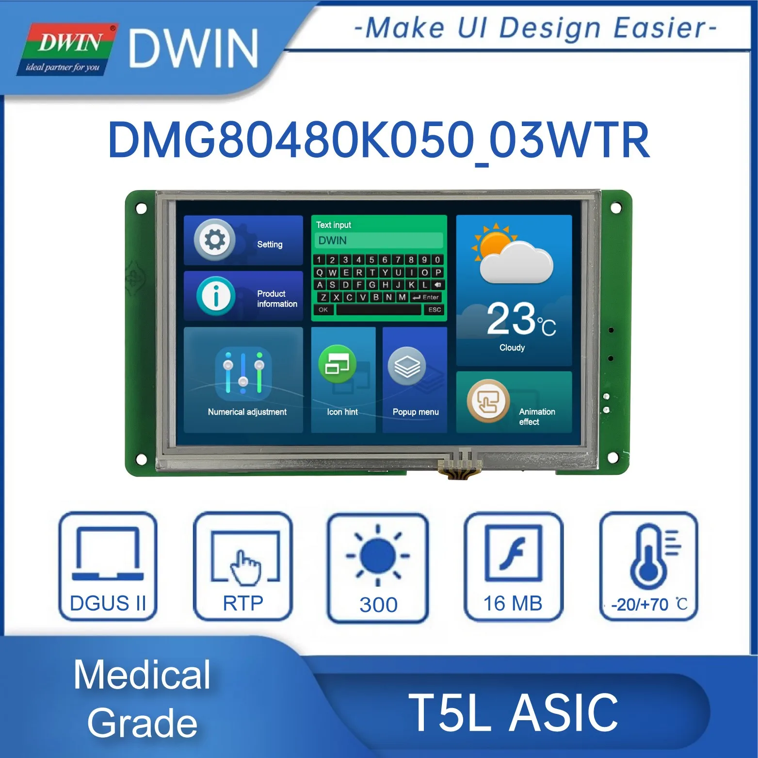 DWIN 5 inch 800*480 Pixels Medical Grade Conformal Coating IPS LCD RS232/RS485 UART LCD Module Smart Touch HMI DMG80480K050_03W