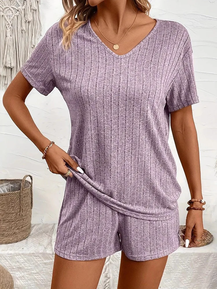 

2025 Summer Solid Color Pajama Set Women's Short Sleeve Top Lounge Shorts Loungewear Holiday Two Piece Shorts Set Sleepwear Suit