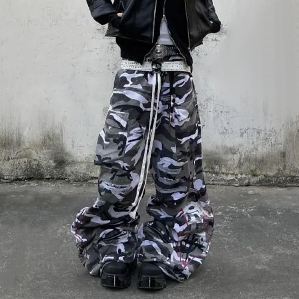 

Niche American Retro Hiphop Trouser 2024 New Camouflage Overalls Loose Straight Multi-Pocket Design Wide-Leg Casual Pants Unisex