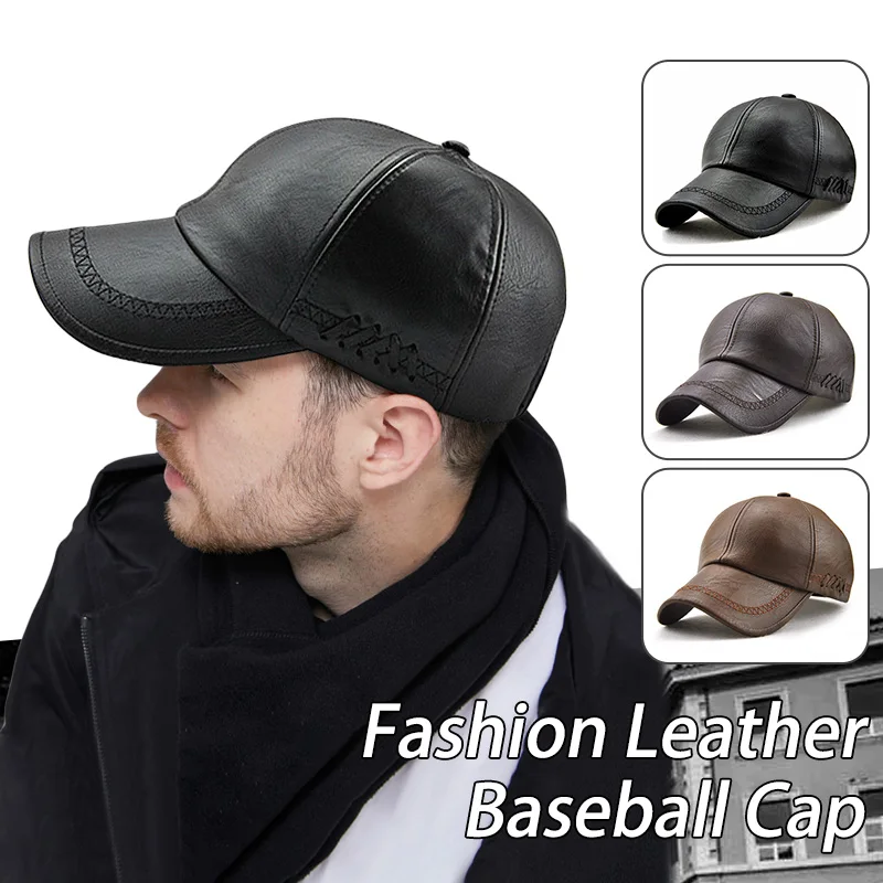 Minimalist Mens Baseball Cap Casual PU Leather Hat Spring Winter Warm Velvet Cap Autumn Hip Hop Outdoor Baseball Cap