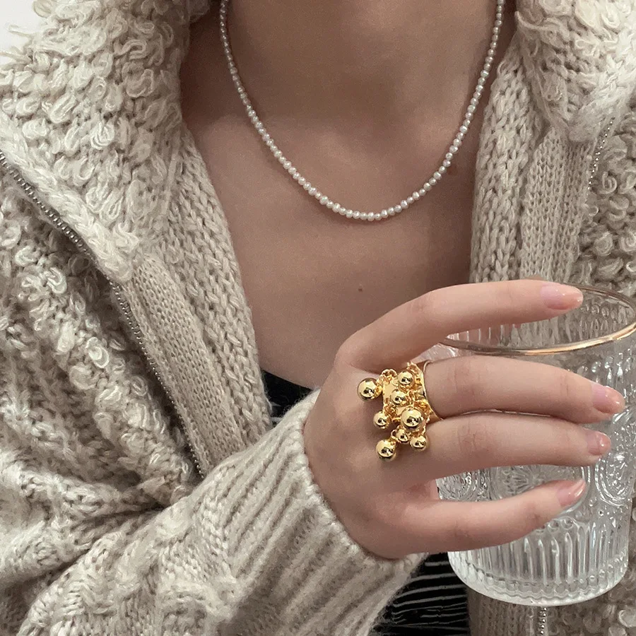 HANGZHI Punk Metal Ball Open Ring for Women Exaggerated Wide Gold Sliver Color Irregular Y2K Vintage Jewelry